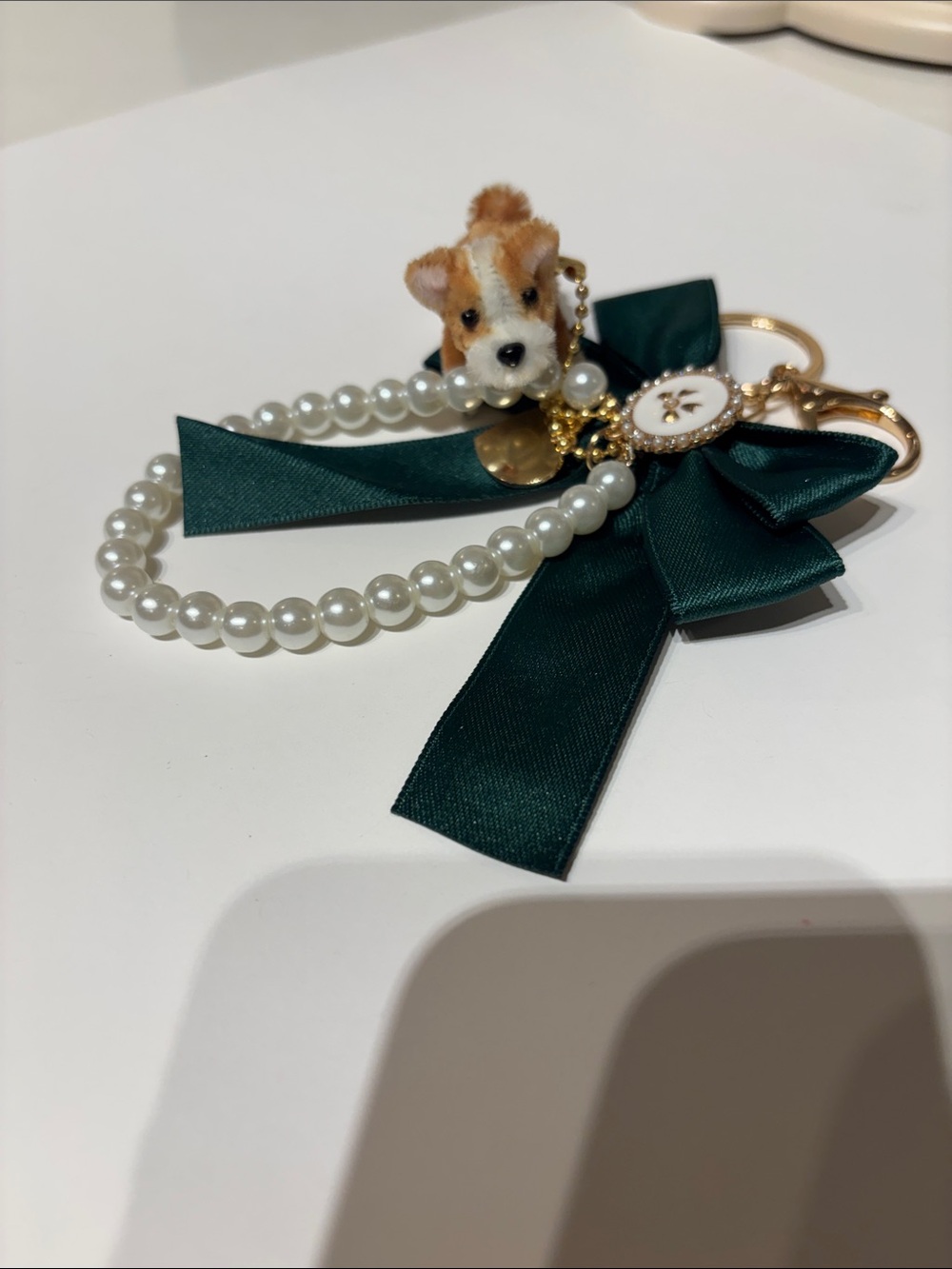 Handmade Keychain Charm with Green Bow and Pearl Beads